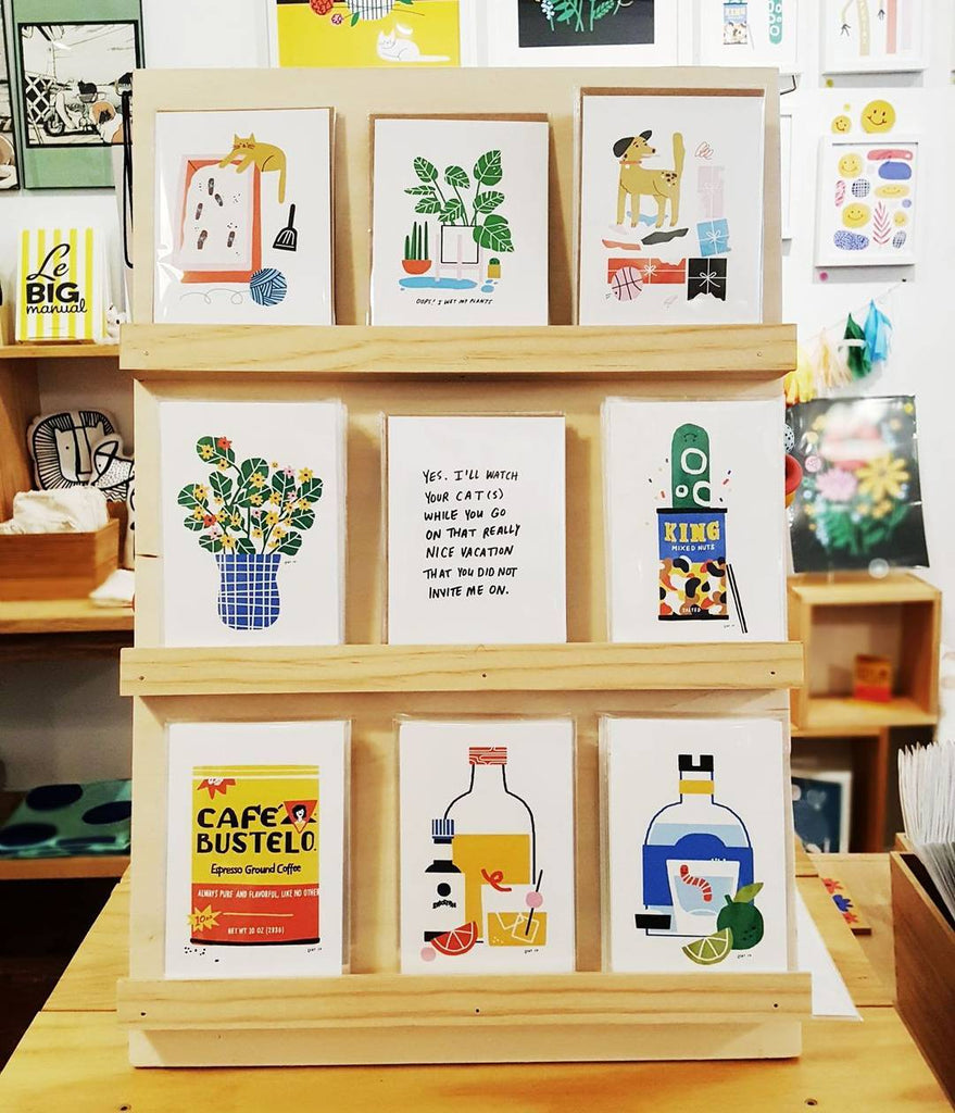 A selection of prints and greeting cards from a First Friday event with Lauren at our Old City shop