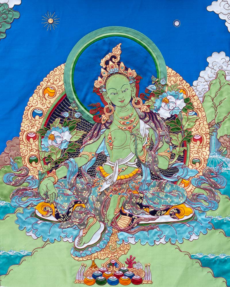 Green Tara Tibetan Appliqué Thangka, Buddhist & Traditional Art ...