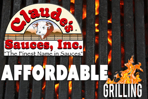 Claude's Sauces logo on grill with 'affordable grilling' in text