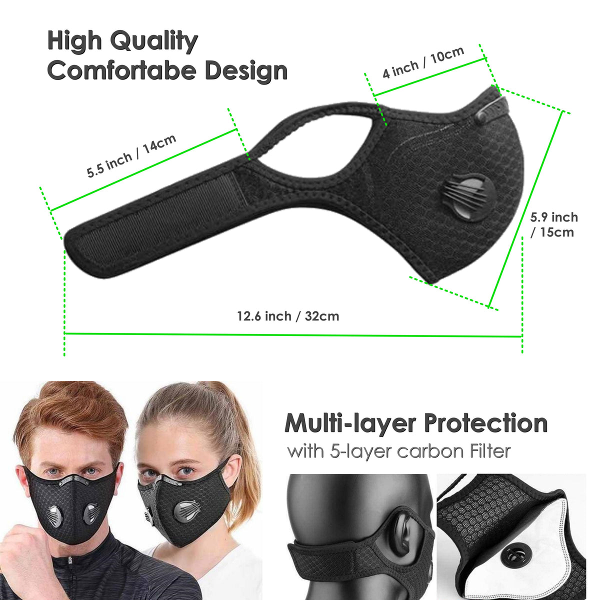 Cycling Sports Face Mask Mesh Fabric Reusable Washable with Active Carbon Filter 