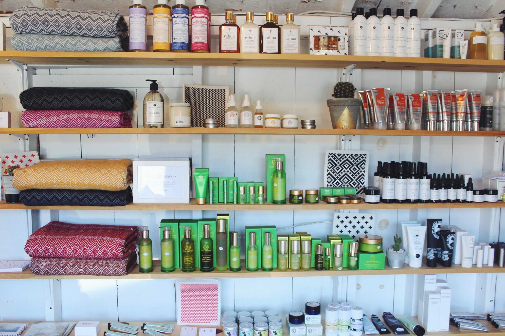 Holistic and natural health and beauty items line every wall. 