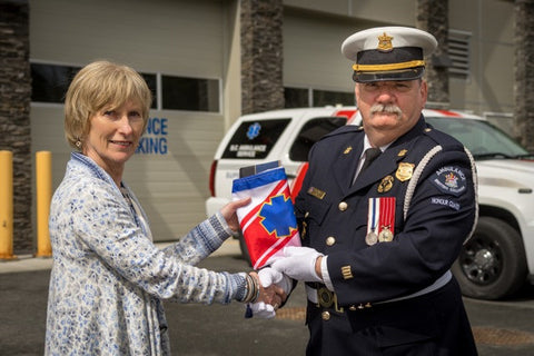In the photo (L) Barbara Fitzsimmons COO BCEHS, (M) Lynn Klein BCAS 10-7  Association Society and ( R) Mike Wright CSM BCAS Honour Guard. Photo taken in  front of the BCEHS Vancouver Island communication centre, which is also paramedic  station 109.