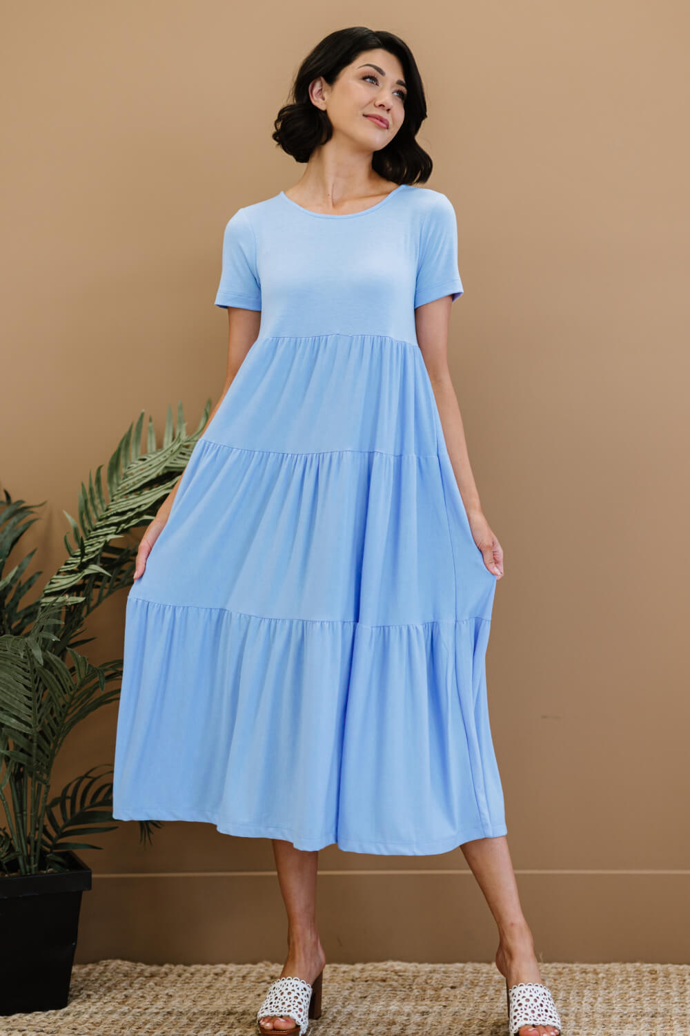 Short-Sleeved Tiered Midi Dress in Light Rose Or Spring Blue - Reflection Boutique