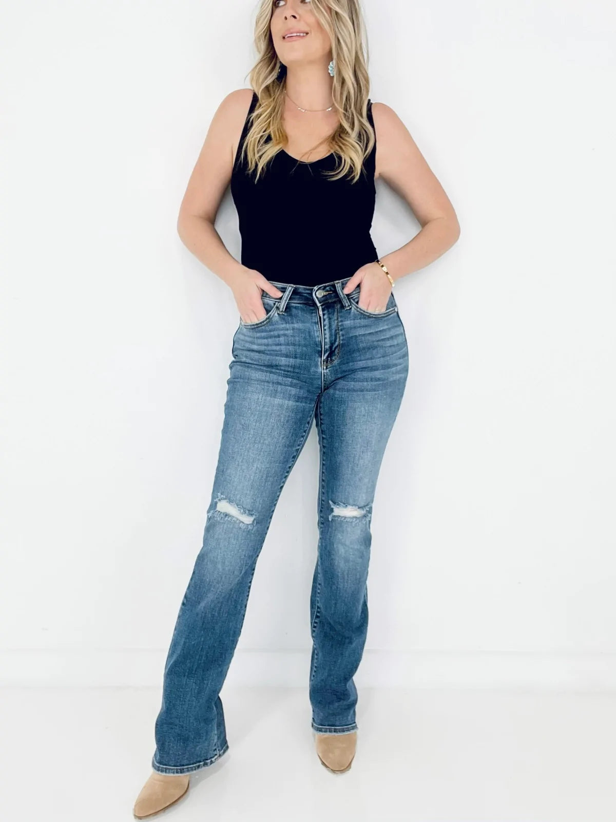 Judy Blue 82264 Mid Rise w/ Pocket Tooling & Knee Destroy Bootcut Jeans - Reflection Boutique
