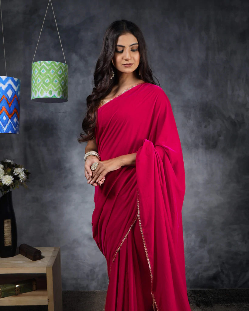 Buy Wine Georgette Silk Plain Saree With Blouse