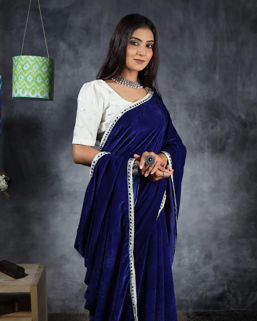 Royal Blue Plain Velvet Saree With Mirror Work Lace Border – Fabcurate
