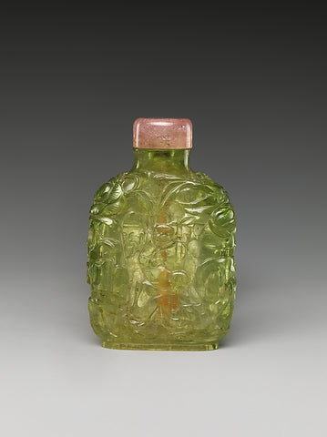 Snuff bottle, green tourmaline with pink tourmaline stopper, Qing Dynasty (1644-1911). (Metropolitan Museum of Art)
