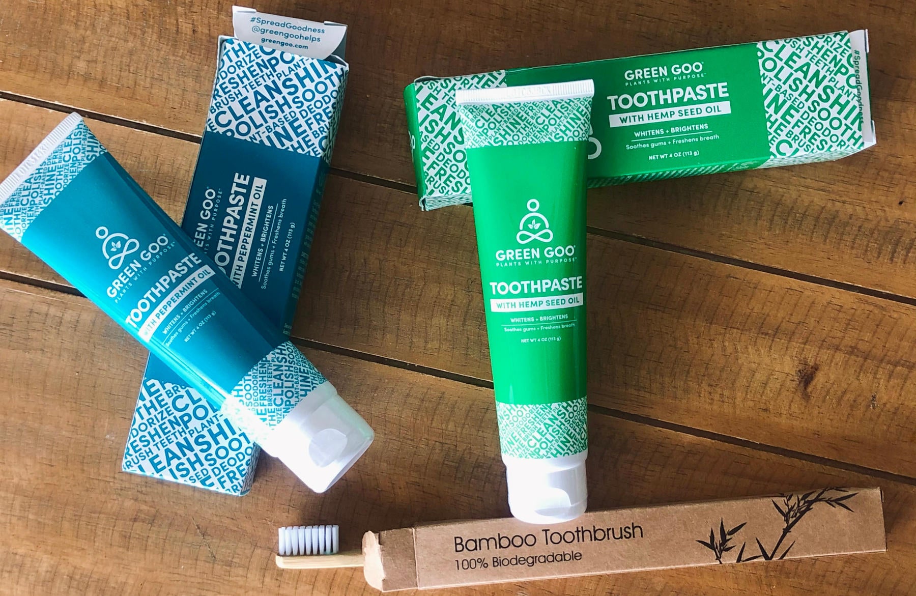 Green Goo Toothpastes with Peppermint and Hemp Seed Oil with plant-based Bamboo Toothbrush