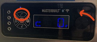 Device controller with meat probe button above the power button circled. Scroll knob is at the far right of the controller.