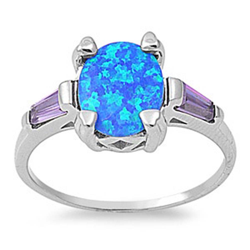 Sterling Silver Stylish Blue Lab Opal Oval Cut with Amethyst CZ Baguette  Fancy Filigree Solitaire RingAnd Face Height of 10MM - 5