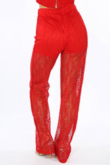 Red Lace Sheer Panel Trousers