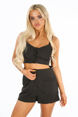 Black Tailored Button Up Crop Top