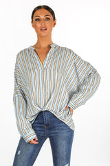Striped Gathered Pleat Blouse In Blue
