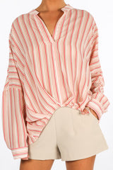 Striped Gathered Pleat Blouse In Pink
