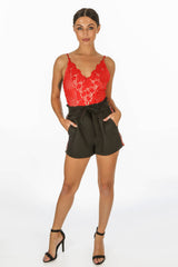 Red Contrast Crochet Bodysuit