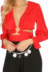 Red Wrap Around Long Sleeve Crop Top