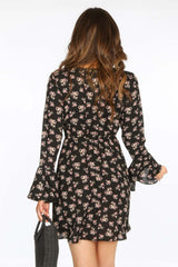 Black Floral Print Wrap Look Mini Dress
