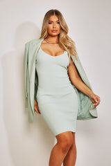 Pistachio Green Ribbed Plunge Dress