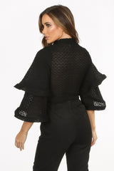 Waffle Crop Top With Layered Bell Sleeve In Black