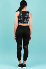 Black Marble Print Mesh Panel Gym Crop Top