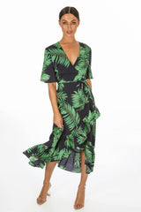 Leaf Print Wrap Front Dress In Blue