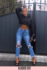 Mid Wash Denim Distressed Mom Jeans