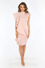 Pink Neoprene Frill Shoulder Midi Dress