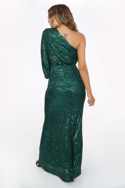 one shoulder green gown