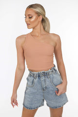 Taupe One Shoulder Ribbed Crop Top
