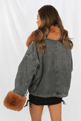 Brown Faux Fur Oversized Denim Jacket