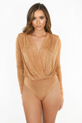 Camel Long Sleeve V-Neck Bodysuit