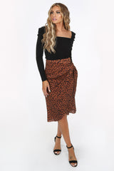 Camel Animal Print Wrap Midi Skirt