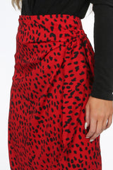 Red Animal Print Wrap Midi Skirt
