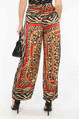 Scarf Print Satin Trousers with Tie Waist