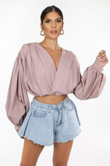 Blush Pink Button Front Crop Blouse