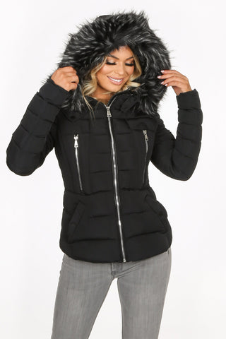 black fitted puffer coat