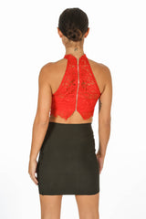 Red High Neck Eyelash Lace Crop Top Shirts & Tops DressedInLucy