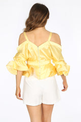 Yellow Satin Cold Shoulder Peplum Top