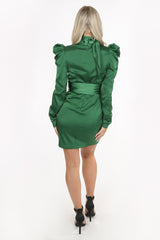 Green Satin High Tie Neck Mini Dress with Belt