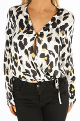 Silver Leopard Print Satin Bodysuit