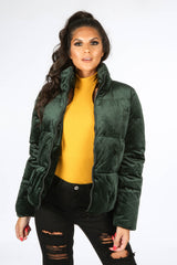 Green Padded Velvet Bomber Jacket