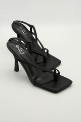 Black PU Square Toe Post Strappy Heeled Sandals