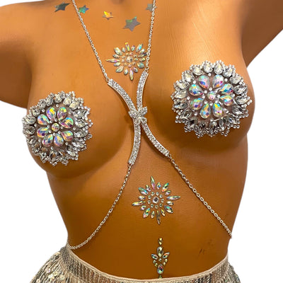 butterfly body chain with rhinestone pasties on chest