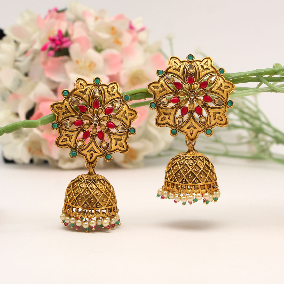 Maroon & Green Color Matte Gold Big Jhumka Earrings (MGE180MG)