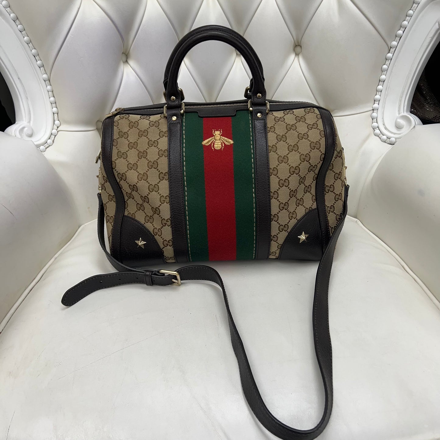 Gucci GG Bee and Stars Canvas Web Boston Bag