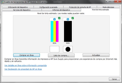 Nivel de tinta estimado en cartuchos HP 302