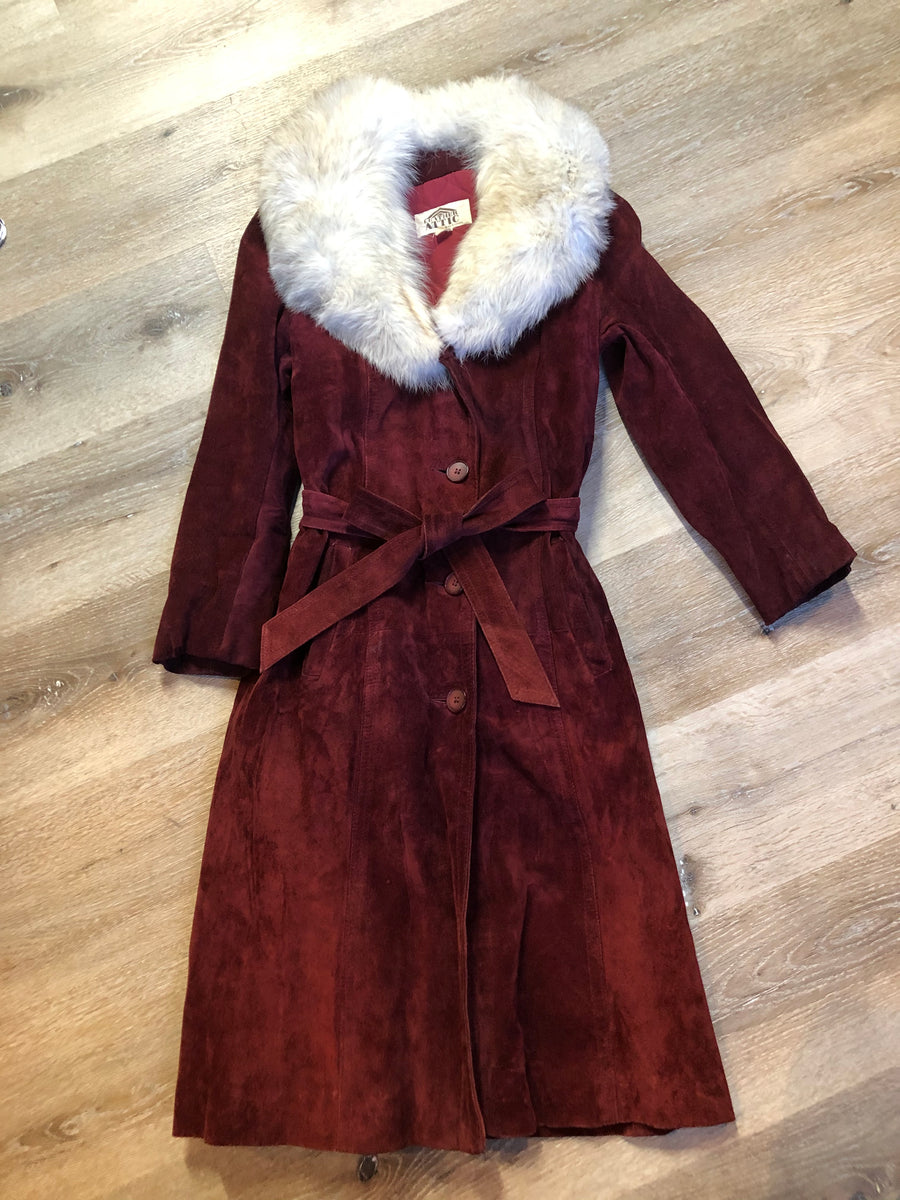 Vintage Leather Attic Oxblood Suede with Fur Collar, Made in Canada