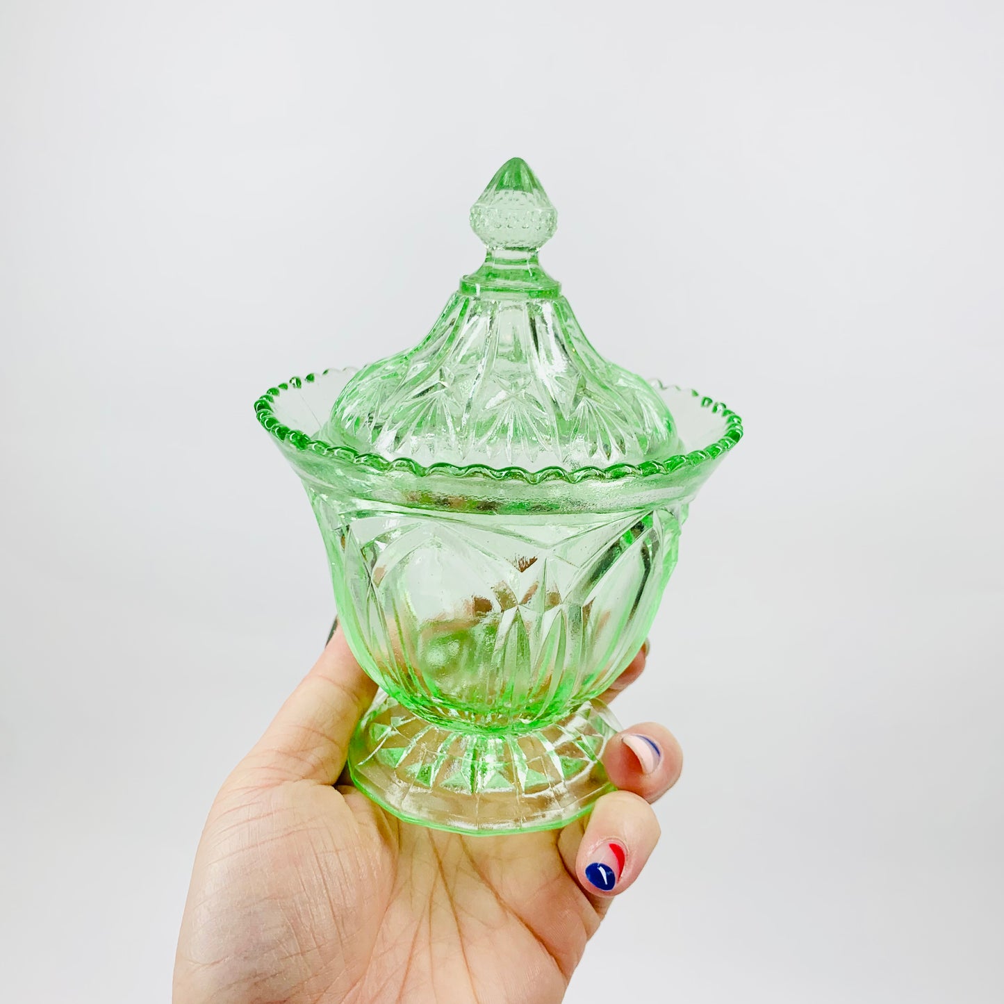Antique pressed green Depression glass canister/sugar bowl