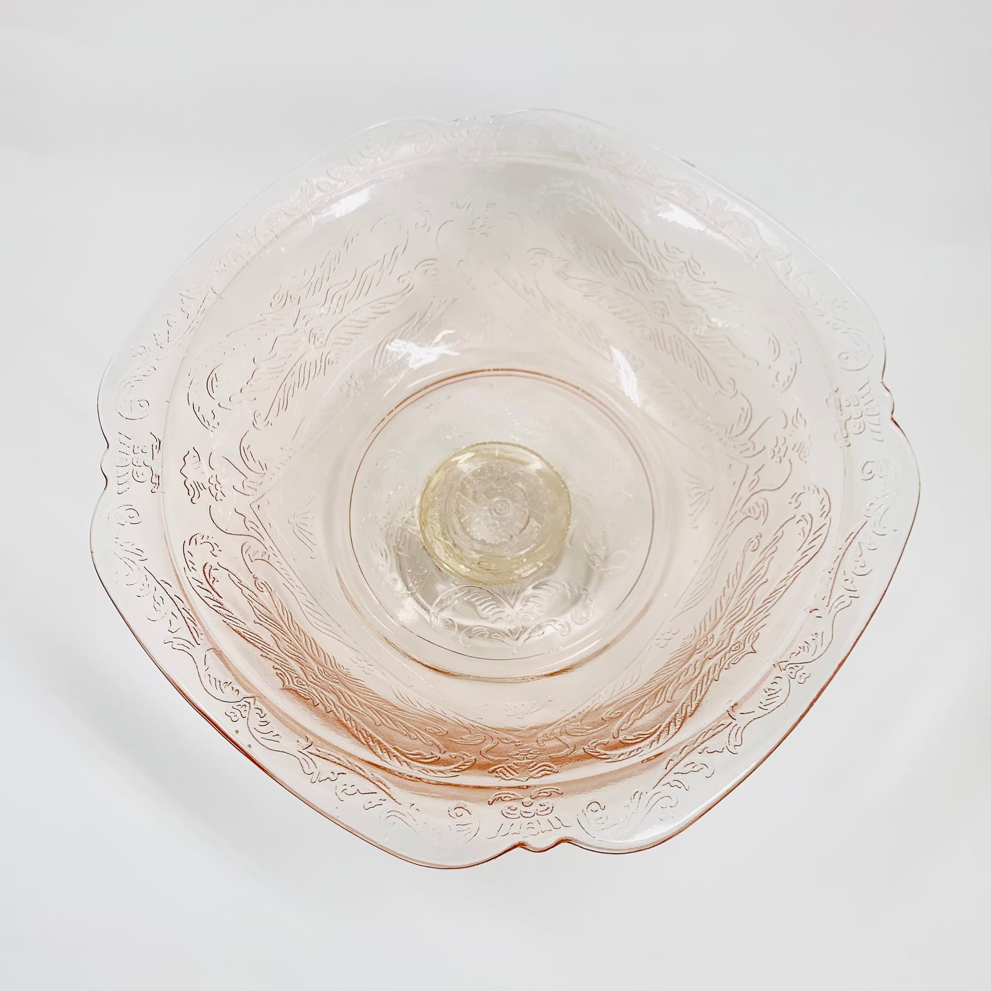 Rare antique pink Depression glass comport with floral pattern