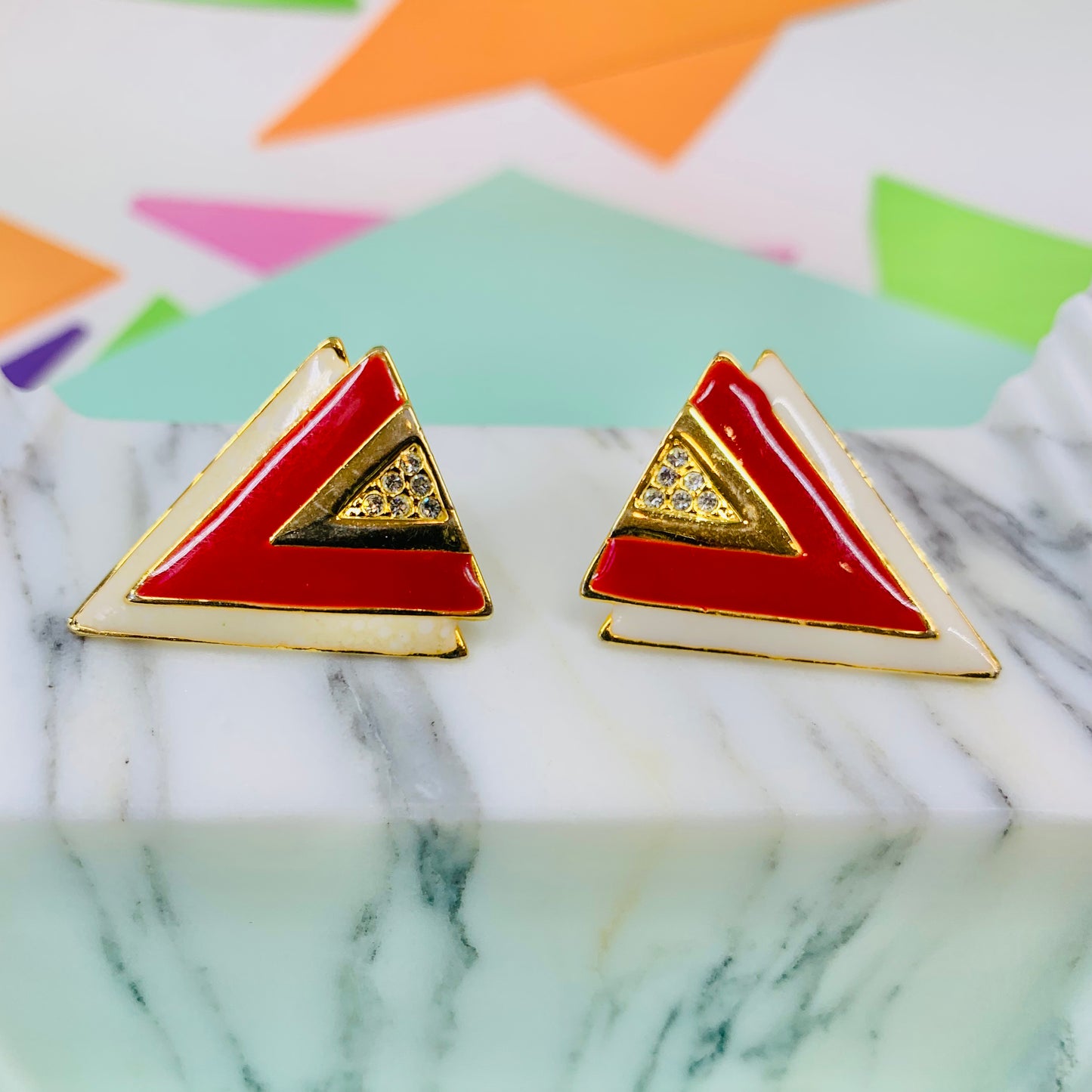 Rare 1970s Barcs triple plated gold clip on red enamel earrings